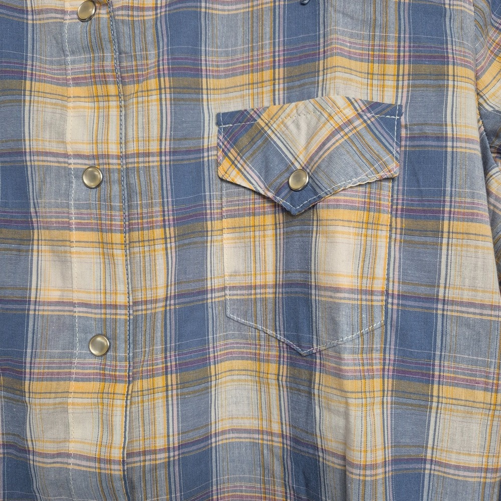 Wrangler Womens L Western Plaid Pearl Snap Shirt Long Sleeve Blue Yellow Cowgirl - Picture 4 of 8